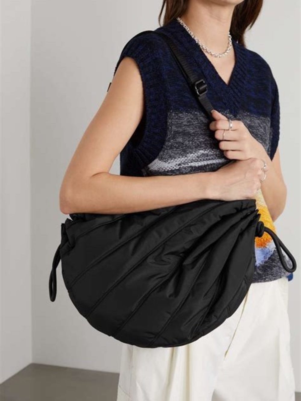 Ganni Large Black Quilted Crescent Shoulder Bag